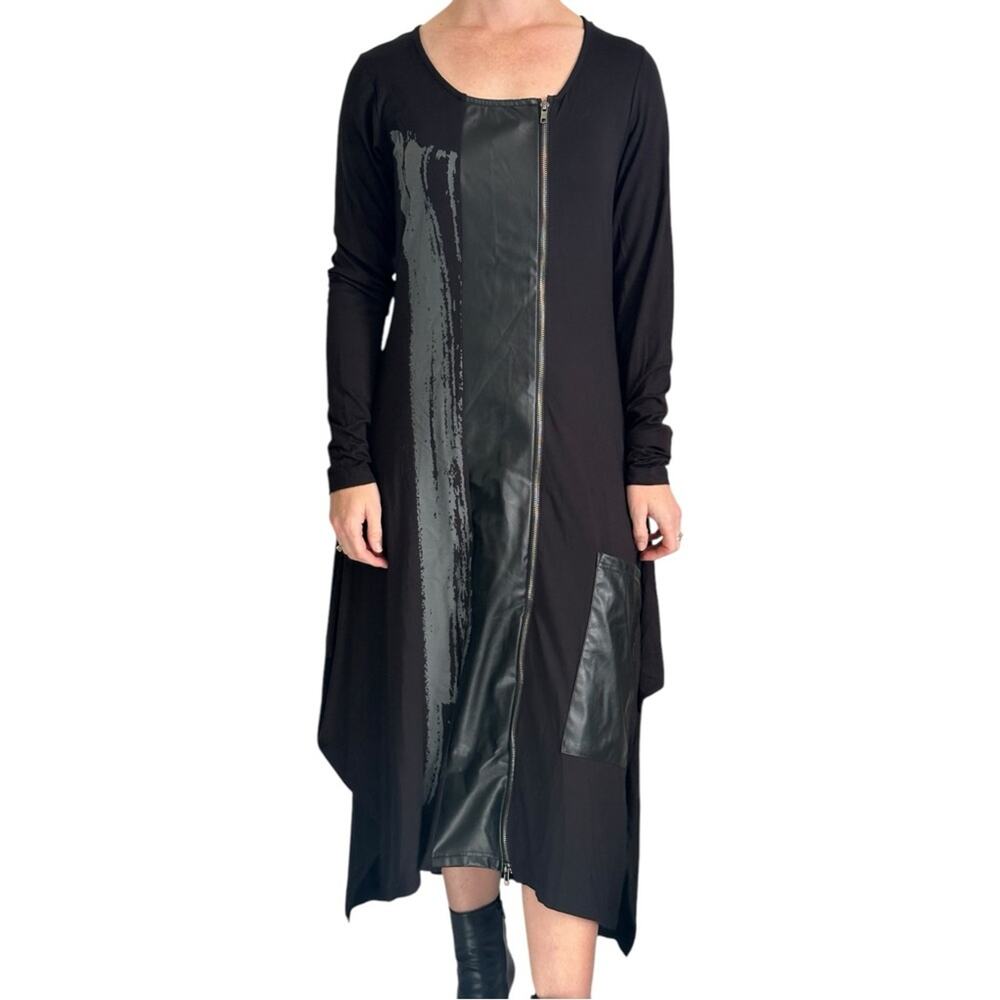 NÖR Denmark Abstract Vegan Leather Panel Jersey Midi Dress Sz 2 Black Rare Find